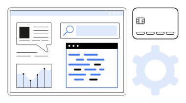 Digital interface displaying financial data, chat bubble, search bar, coding window, credit card, and gear icon. Ideal for fintech solutions, data analysis, web development online banking clipart