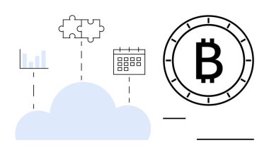 Yapboz parçaları, takvim, çizelge ve Bitcoin sembolü olan bir bulut. Teknoloji, finans, bulut hizmetleri, kripto para birimi, veri entegrasyonu, dijital dönüşüm ve çevrimiçi güvenlik için ideal