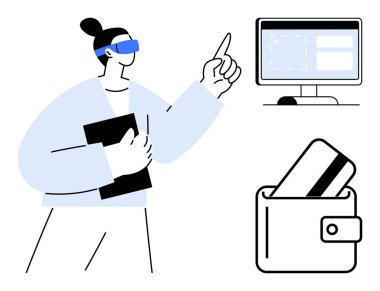 Yanında kredi kartı olan bir tablet cüzdan tutarken ekranı gösteren VR kulaklık takan biri. Sanal gerçeklik için ideal, teknoloji, finans, eğitim, e-ticaret, dijital