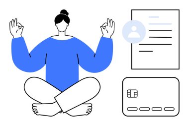 Nilüfer pozisyonunda meditasyon yapan kişi, iyi niyet göstergesi, profil fotoğrafı, belge ve kredi kartıyla yakınlarda. Finans, rahatlama, kimlik, iş hayatı dengesi, stres yönetimi farkındalığı için ideal