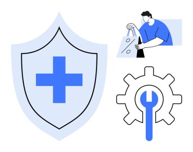 Tıbbi haçlı kalkan, alışveriş torbaları tutan adam, İngiliz anahtarlı teçhizat. Sağlık uygulamaları, e-ticaret, onarım hizmetleri, müşteri desteği, çevrimiçi yardım, güvenlik uygulamaları için ideal