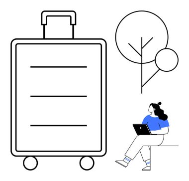 Minimalist ağacın altında dizüstü bilgisayarla oturan kişinin yanında duran büyük bavul. Seyahat için ideal, uzak çalışma, tatil planlaması, dijital göçebe yaşam tarzı, serbest çalışma, seyahat blogu, açık hava