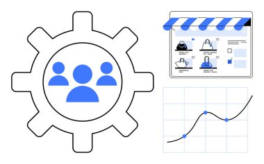Kullanıcı siluetlerine sahip vites simgesi, ürünlerle çevrimiçi depolama arayüzü ve büyümeyi gösteren bir çizgi grafiği. E-ticaret, takım yönetimi, veri analizi, çevrimiçi alışveriş, pazarlama, iş için ideal