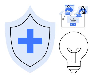 Tıbbi haçlı kalkan sağlık korumasını simgeler, yeniliği temsil eden ampulün bitişiğinde, üzerinde BUY tuşu olan çevrimiçi alışveriş sahnesi bulunur. Sağlık, teknoloji ve e-ticaret için ideal.