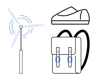 Rüzgar türbini pervanesi, spor ayakkabıları ve sırt çantası eko-bilinçli yaşam ve yolculuğu simgeliyor. Sürdürülebilirlik projeleri, yeşil enerji savunuculuğu, seyahat blogları, açık hava aktiviteleri ve eğitim için ideal