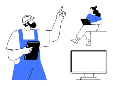 Kadın kendi tabletini tutarken, şapka ve tablet jestleriyle inşaat işçisi. Bilgisayar ekranı görüntülendi. Proje planlaması, takım çalışması, uzaktan çalışma, ofis ayarları, inşaat için ideal