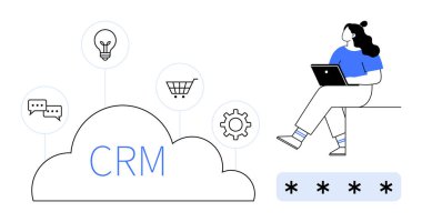 İş kadını, mesajlaşma, fikirler, e-ticaret, ayarlar ve şifre girişi simgeleriyle CRM etiketli bir bulutun yanında dizüstü bilgisayar kullanıyor. İş yönetimi, teknoloji, veri güvenliği ve yenilik için ideal