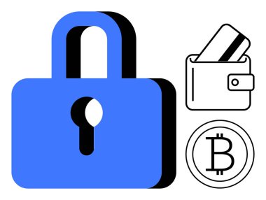 Büyük mavi kilit, cüzdanda kart ve güvenli işlemleri vurgulayan Bitcoin sembolü. Finansal güvenlik için ideal, çevrimiçi bankacılık, kripto para birimi, kimlik koruması, dijital cüzdanlar, e-ticaret
