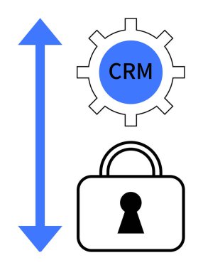 CRM 'li teçhizat, kilit ve yukarı doğru ok iş güvenliği ve büyümesini temsil ediyor. CRM çözümleri, iş geliştirme, veri koruması, yazılım güvenliği, operasyonel verimlilik ve büyüme için ideal