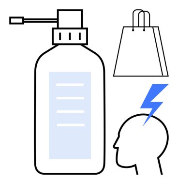 Pompalı el dezenfektanı şişesi, alışveriş torbası ve yıldırımlı bir kafa taslağı. Hijyen, alışveriş, sağlık, temizlik, stres, refah ve tüketici güvenliği kavramları için ideal