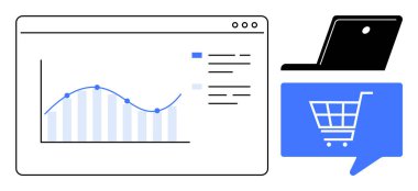 Veri noktaları, dizüstü bilgisayar ve konuşma balonunda alışveriş arabası olan grafikler. İş analizleri, e-ticaret, çevrimiçi alışveriş, pazar araştırması, veri görselleştirme, satış stratejisi, teknoloji için ideal