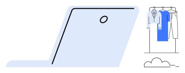 Dizüstü bilgisayar açık, elbise askıda ve bulut simgesi. E-ticaret, çevrimiçi alışveriş, dijital pazarlama, bulut hesaplama, çevrimiçi perakende teknoloji konseptleri sanal mağazalar için idealdir. Satır metaforu