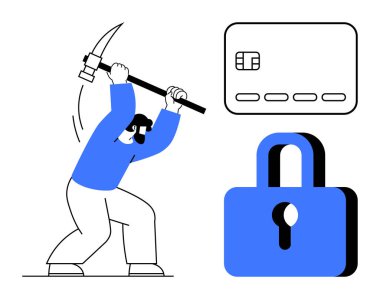 Elinde bir kazma olan biri kredi kartı ve kilitli bir asma kilit sembolüne çarpıyor. Siber güvenlik, veri koruması, çevrimiçi güvenlik, dijital suç, finansal güvenlik, hackleme için ideal