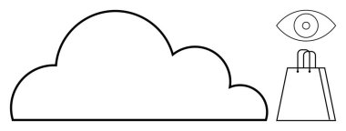 Büyük bulut, göz sembolü ve alışveriş çantası. Çevrimiçi depolama, gizlilik endişeleri, tüketici eğilimleri, pazarlama stratejileri, perakende analitik izleme bulutu teknolojisi için ideal. Satır metaforu