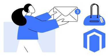 Bir kadın zarfa uzanıyor, içinde etiket olan bir çanta, altıgen logo. İletişim, e-posta uyarıları, tebligatlar, alışveriş, pazarlama dijital iletişim için ideal. Çizgi