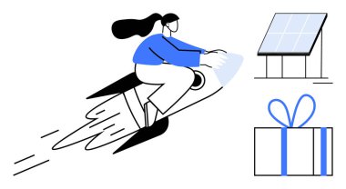 Kadın rokete biniyor, hız ve gelişimi simgeliyor, güneş paneli ve hediye kutusu sürdürülebilirlik ve ödülleri gösteriyor. Teknoloji, yenilik, çevre dostu çözümler ve girişimler için ideal.