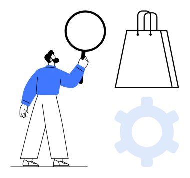 Adam alışveriş torbası ve vites sembollerini keşfetmek için büyüteç tutuyor. E-ticaret, pazarlama, iş analizi, arama işlevselliği, tüketici davranışı, optimizasyon teknikleri, dijital