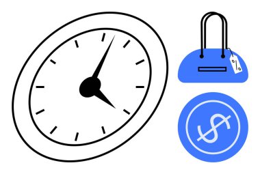 Saati gösteren bir saat, üzerinde fiyat etiketi olan mavi bir çanta ve dairenin içinde dolar işareti. Zaman yönetimi, finansal planlama, bütçe, alışveriş, ekonomi yatırım tasarrufu için ideal. Satır metaforu