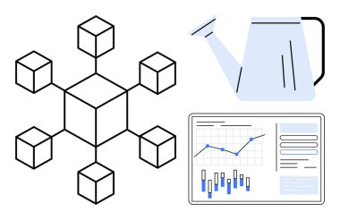 Blokzincirleme ağ yapısı bağlantıyı ve ademi merkeziyeti sembolize eder, sulama büyümeyi temsil edebilir ve veri analizi performans analizini gösterir. İş büyümesi için ideal