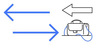 Mavi oklar sağı solu işaret ediyor, siyah oklar da çantanın üzerinde solu işaret ediyor. Sunum, iş yönetimi, seyahat planlaması, lojistik, iş akışı, kararlar, iş seyahati için ideal. Çizgi