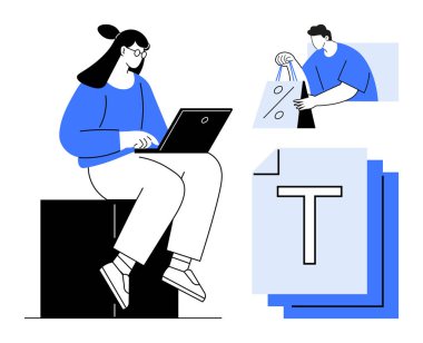 Dizüstü bilgisayarda çalışan bir kişi, alışveriş torbaları taşıyan bir birey, artı metin dökümanı. Uzak çalışma, e-ticaret, içerik oluşturma, dijital iletişim, çevrimiçi alışveriş, üretkenlik araçları için ideal