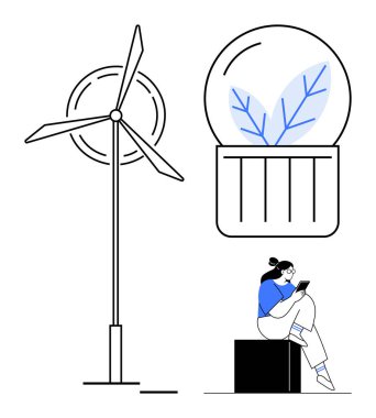 Rüzgar türbini, yapraklı ampul ve tablet kullanan insan. Yenilenebilir enerji, sürdürülebilirlik, eğitim, teknoloji, yenilik yeşil enerji ve çevre bilinci temaları için idealdir. Çizgi