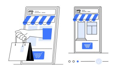 Akıllı bir telefondan, dijital mağaza önü manzarasının yanındaki alışveriş çantalarını tutarak uzanan el. E-ticaret, mobil alışveriş, çevrimiçi perakende, dijital pazarlama, iş büyümesi, tüketici davranışı için ideal