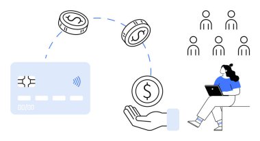 Banka kartı, bozuk paralar, el yapımı para, dizüstü bilgisayar kullanan biri. Finans, e-ticaret, çevrimiçi bankacılık, dijital işlemler, uzaktan çalışma, finans teknolojisi, eğitim için ideal. Satır metaforu