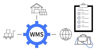 Depo, envanter vagonu, kontrol listesi, küresel ağ ve depo yönetim sistemi donanımı. Lojistik, tedarik zinciri, envanter yönetimi, otomasyon, küresel ticaret, iş süreci için ideal
