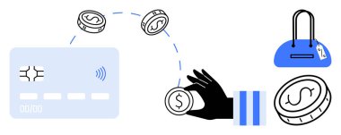 El ele tutuşan bozuk paralar, kredi kartına doğru hareket eden paralar, mavi alışveriş çantası. Finans, e-ticaret, çevrimiçi işlemler, dijital cüzdanlar, alışveriş bağlantıları olmayan mobil ödemeler için ideal. Çizgi