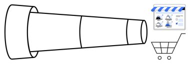 Teleskop, alışveriş arabasıyla birlikte online mağaza arayüzüne bakıyor. Çevrimiçi alışveriş, e-ticaret, ürün keşfi, dijital pazarlama, tüketici davranışı, sanal perakende ve pazar eğilimleri için ideal