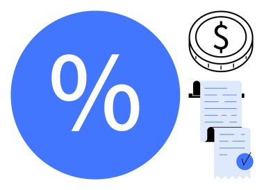 Beyaz arka planda siyah beyaz sikke ve mavi işaretli fişleri olan büyük mavi yüzdelik bir sembol. Finans, muhasebe, ekonomi, vergilendirme, bütçe ve yatırım için ideal