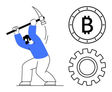 Bitcoin sembolü ve dişli çarkla temsil edilen kripto para birimini çıkarmak için kazma kullanan bir karakter. Engelleme zinciri, kripto para birimi, dijital para birimi, teknolojik yenilik, çevrimiçi işlemler için ideal