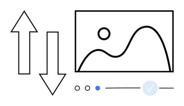 İki ok, dağ haritası ve güneşli resim çerçevesi, üç ilerleme noktası, bir mavi ve bir işaret. Veri güncellemeleri, ilerleme izleme, veri analizi, proje yönetimi sunumları için ideal