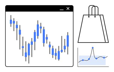 Finansal şamdan çizelgesi ve alışveriş poşeti ikonu ile trendleri gösteren çizelge. Finans, yatırım izleme, piyasa analizi, e-ticaret, veri görselleştirme, iş raporları, ticaret için ideal