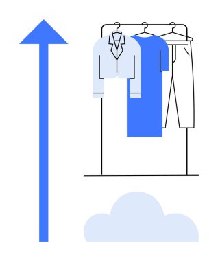 Mavi ok, giysi askısının yanında. Büyüme, moda eğilimleri, perakende sektörü, iş başarısı, e-ticaret, piyasa analizi, mağaza promosyonları için ideal. Satır metaforu