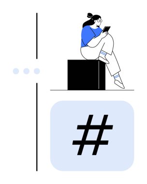 Bir blokta oturan kişi, büyük bir meta veri etiketi sembolünün üstünde akıllı telefon kullanıyor. Sosyal medya, teknoloji, iletişim, çevrimiçi etkileşim, dijital pazarlama, içerik oluşturma için ideal