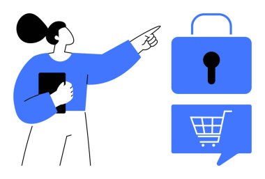 Kilidi ve alışveriş arabasının konuşma baloncuğu ikonunu gösteren bir tablet tutan kişi. Siber güvenlik, e-ticaret, dijital pazarlama, çevrimiçi alışveriş, web sitesi güvenliği, güvenli tarama için ideal