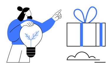 İçinde yaprak olan ampulü tutan kadın, kurdeleyle sarılı hediye kutusunu işaret ediyor. Yaratıcılık, yenilik, hediyeler, çevre temaları, öğrenme, ilham ve sürdürülebilirlik için idealdir. Çizgi