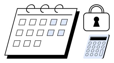 Vurgulanmış tarihli takvim, güvenliği simgeleyen asma kilit ve hesap makinesi. Zaman yönetimi, veri koruması, mali planlama, zamanlama, güvenlik, organizasyon ve üretkenlik için ideal