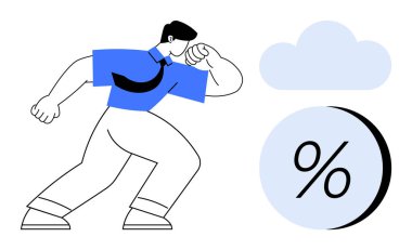 Yumruğunu kaldırmış bir iş adamı, bulutların altında büyük bir yüzdeyle sembol altında mali açıdan hazır olduğunu gösteriyor. Finans, motivasyon, iş sorunları, üretkenlik ve bulut hesaplama için ideal