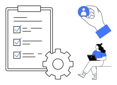 Vites ve kontrol listesi görevi tamamlamayı sembolize eder. Dizüstü bilgisayar kullanan bir kadın. El ele tutuşmak kullanıcı seçimini temsil eder. Proje yönetimi, üretkenlik rehberleri, HR süreçleri, iş akışı için ideal