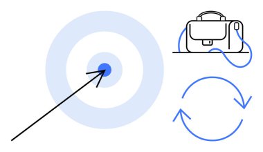 Hedefi vuran ok, evrak çantası ve dairesel oklar hedeflere ulaşmayı, sürekli gelişmeyi ve çalışmayı temsil ediyor. İş için ideal, başarı, üretkenlik, verimlilik, mesleki büyüme