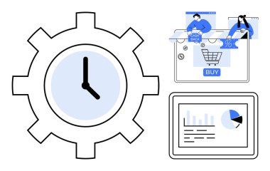 Dişli bir saat, insanlar internetten nakit para, bar ve pasta grafiği tabletleriyle alışveriş yapıyor. E-ticaret, verimlilik, çevrimiçi alışveriş, veri analizi, iş verimliliği, zaman