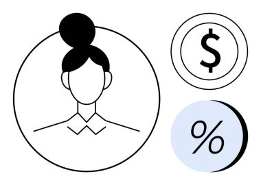 Dolar işareti sembolü ve yüzde sembolünün yanındaki çemberin içindeki kadın avatar simgesi. Finansal hizmetler, iş profilleri, bütçe, muhasebe, ekonomik tartışmalar, yatırım için ideal