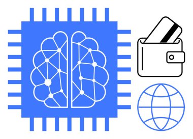 Digital brain with circuitry in chip, wallet holding card, and globe circle. Ideal for technology, AI, finance, digital payments, cybersecurity global connectivity innovation themes. Line metaphor clipart