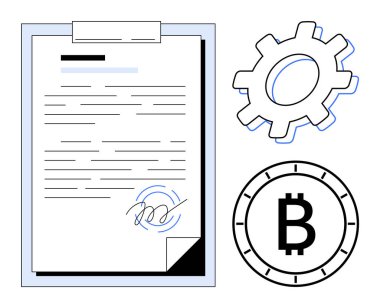 Bir dişli ve Bitcoin sembolünün yanındaki panoda imzalanmış belge. Teknoloji sözleşmeleri için ideal, dijital anlaşmalar, modern iş, engelleme zinciri, kripto para, fintech yenilikleri, akıllı