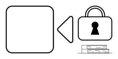 Anahtar deliği, oyun düğmesi, boş kare ve güvenlik, gizlilik, bilgi, eğitim ve dijital içerik korumasını gösteren bir yığın kitapla kilitle. Siber güvenlik e-öğrenme verileri için ideal