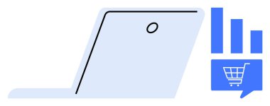 Bir alışveriş arabasının konuşma balonu ve bar grafiğinin yanına dizüstü bilgisayar aç. E-ticaret, çevrimiçi alışveriş, iş analizleri, veri sunumu, pazarlama stratejileri, teknoloji endüstrisi, dijital perakende satış stratejileri için ideal