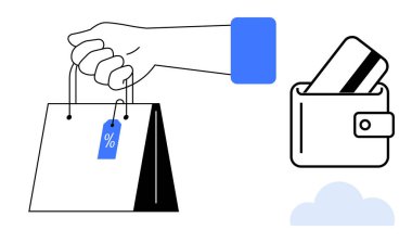 İçinde indirim etiketi ve kredi kartı olan el çantası. E-ticaret, alışveriş, perakende satış, indirim promosyonları, müşteri harcamaları, çevrimiçi ödemeler ve finans için ideal